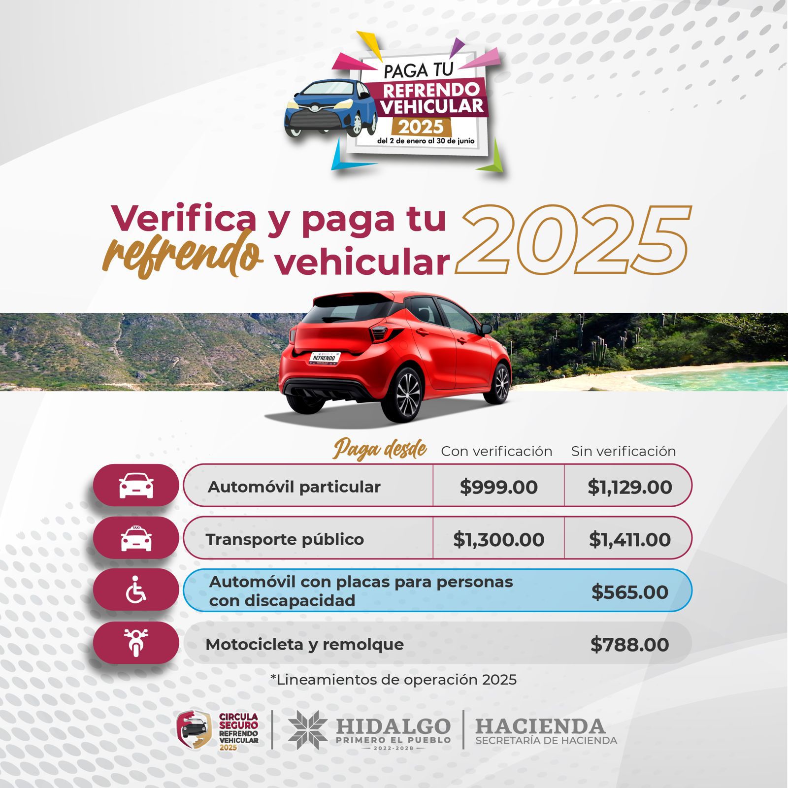 Gobierno de Hidalgo otorga beneficios por pago de Refrendo Vehicular 2025.